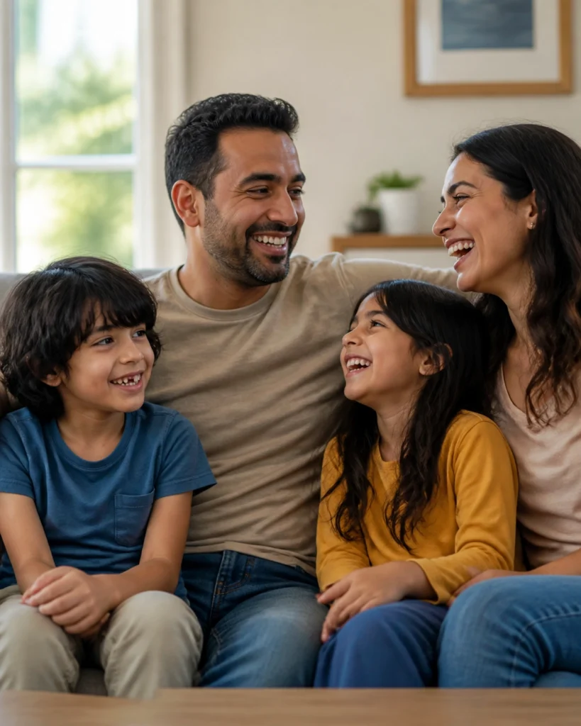 A family sharing a joyful moment at home, illustrating the stability and peace that proper diagnosis and treatment can bring.