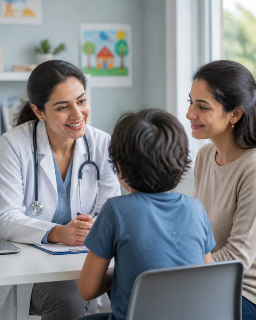 A compassionate pediatrician sitting eye-level with a mother and child, illustrating the importance of validation and clinical support in the diagnostic journey.