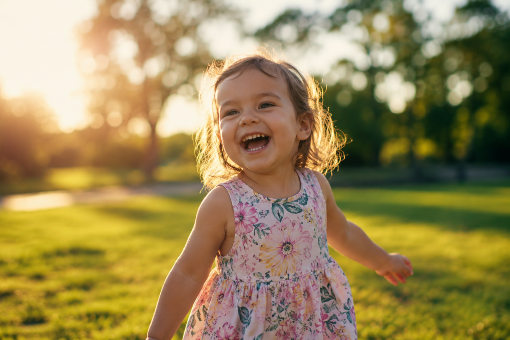 A young child laughing and playing outdoors, representing the hope of returning to a healthy baseline after PANS treatment