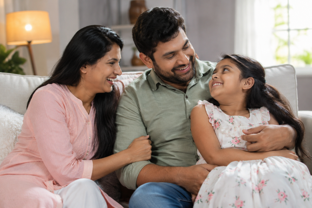 family sharing a calm, joyful moment at home, representing the stability that proper PANS diagnosis and treatment can bring