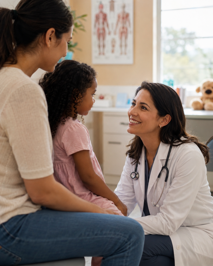 A compassionate pediatrician sitting eye-level with a parent and child during a PANS diagnosis consultation
